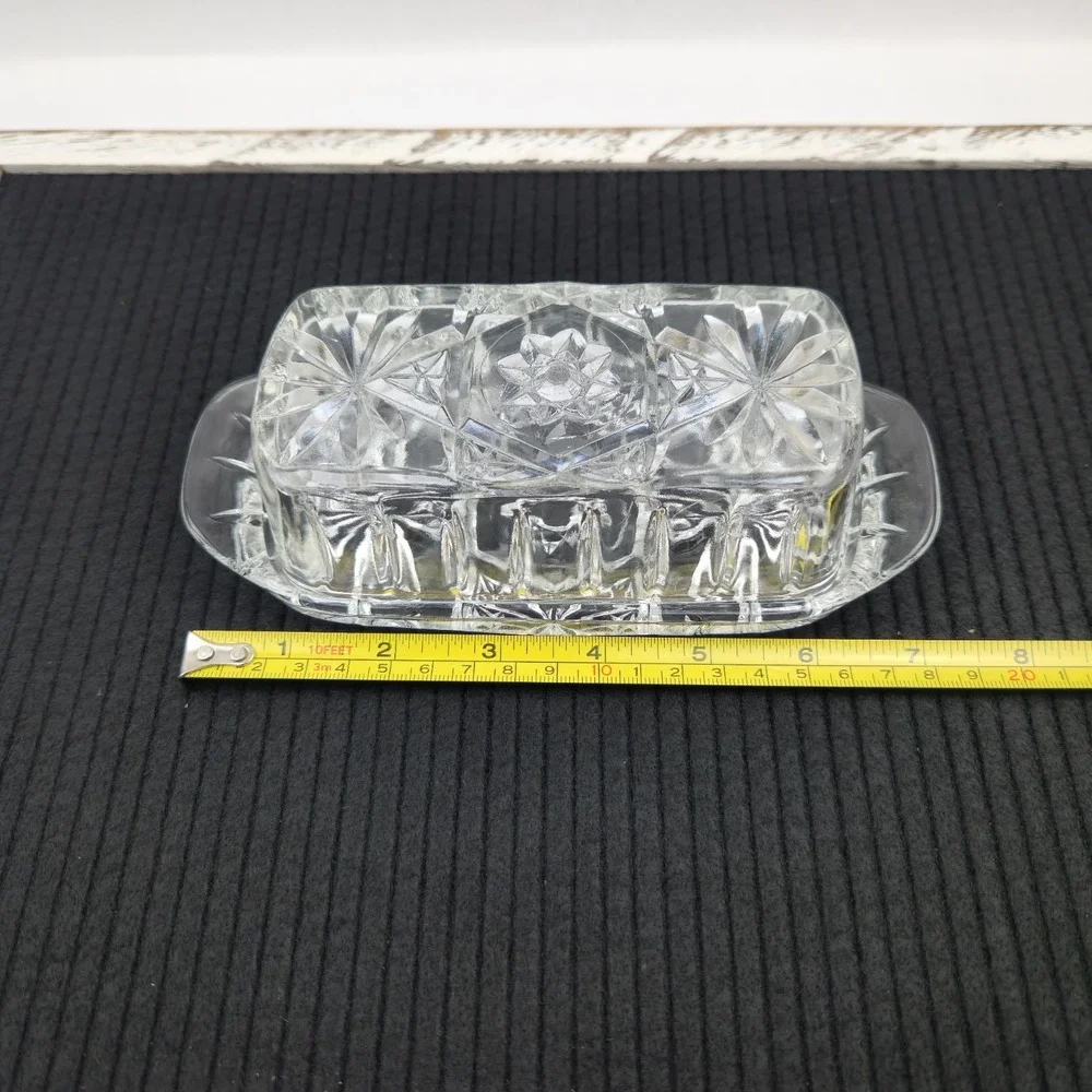 Anchor Hocking Butter Dish Heavy Clear Glass Starburst Pattern with Lid Vintage